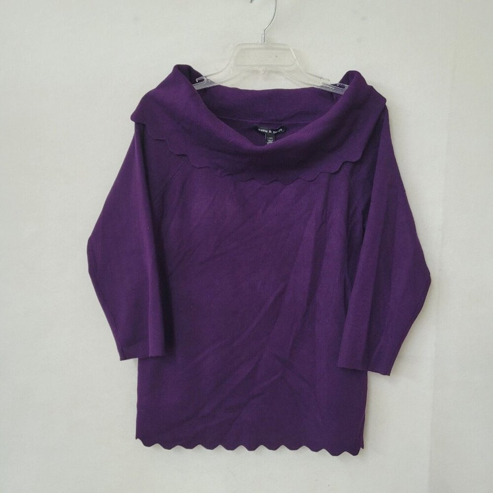Cable & Gauge Sweater Women L Purple Off- Shoulder Wide Collar Scalloped Hem New - Picture 1 of 13